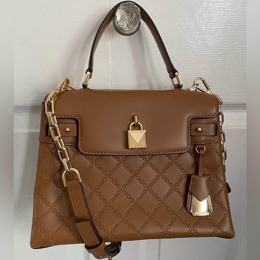 NEW! Michael Kors Gramercy Chain Embossed Leather Satchel Acorn Gold Bag